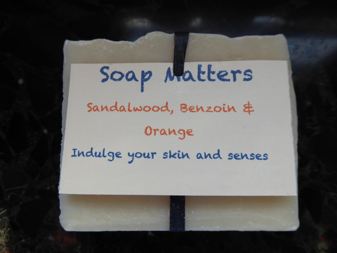 Soap Matters Natural Soap Labelled Sandalwood, Benzoin and Orange soap (the Sensitive bar)